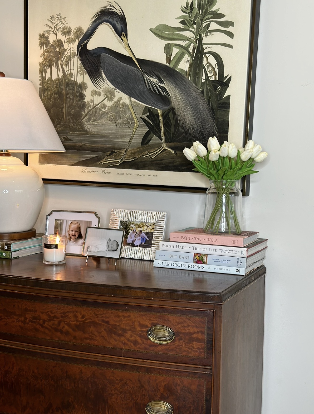 White tulips with the Louisiana Heron print
